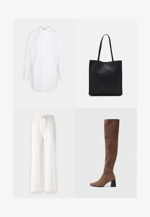 Bílá košile na knoflíky s dlouhými rukávy, klasickým límcem a rovný střih. Vyrobena z hladkého, lehkého materiálu. Bez vzorů nebo akcentů.; Bílé kalhoty s širokými nohavicemi vyrobené z měkké tkaniny, s elastickým pasem na šňůrku a hladkým povrchem. Žádné vzory ani dekorace nejsou viditelné.; Hnědé kozačky nad kolena vyrobené z měkké semiše s špičatou špičkou a silným černým podpatkem. Design obsahuje bezešvé švy pro elegantní vzhled.; Černá kožená taška přes rameno s hladkým povrchem, obdélníkovým tvarem a dvěma dlouhými uchy. Žádné viditelné kování ani ozdoby.