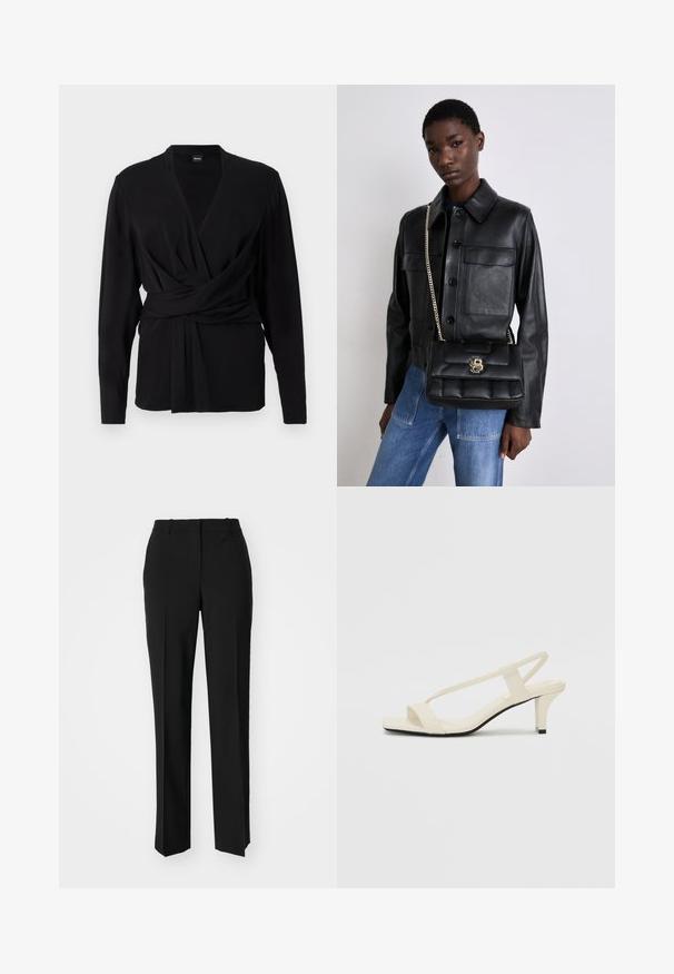 Melna blūze ar garām piedurknēm, kas izgatavota no mīksta auduma, ar v-veida apkakli un sasietu jostu, kas izceļ jostasvietu. Gluda tekstūra.; Melnas pielāgotas bikses ar taisnu kāju dizainu, kas raksturojas ar gludu faktūru un asiem krokām pa priekšu. Nav redzamu metāla detaļu.; Beige bloku papēžu sandales ar plānām siksnām un kvadrāta formas purngalu. Gluda materiāla virsma ar minimālām detaļām, paredzētas ērtai nēsāšanai.; Melnas ādas jaka ar pogu aizdari un divām priekšējām kabatām, kopā ar melnu pufīgu rokassomu ar zelta sprādzi un ķēdes siksnu.