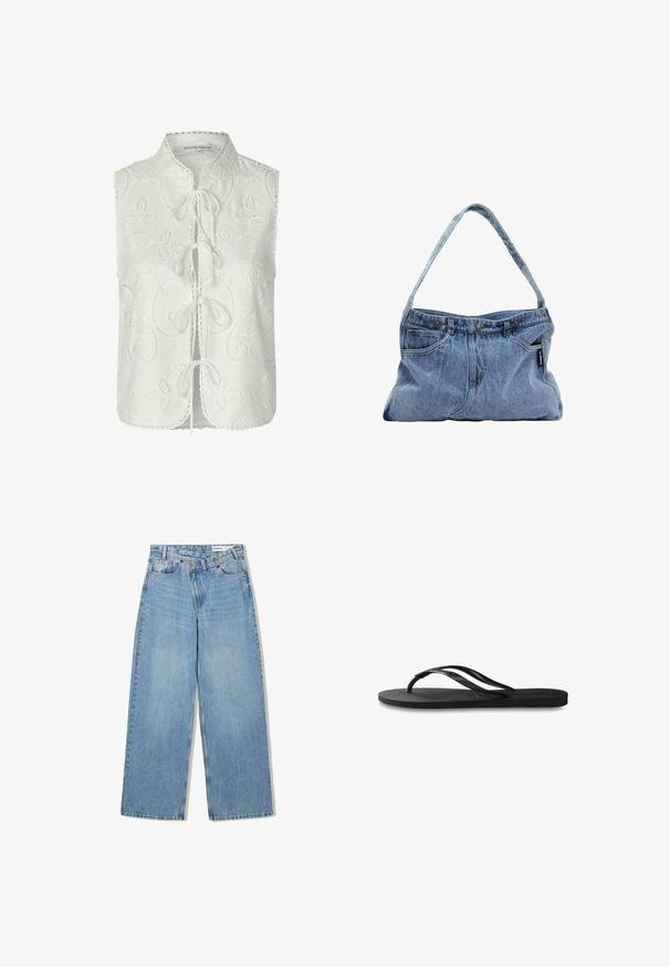 Vit ärmlös blus med blommig broderi, rund halsringning och snörning framtill. Vågig fåll och detaljrik sömnad.; Ljusblå vida jeans i denim, med hög midja, fem fickor, knappstängning och subtil blekning för textur.; Svart flip-flop med en texturerad gummisula, två slanka remmar och en subtil, präglad logodetalj på remmen.; Denimaxelväska med en böjd rem, två frampocket och en knäppt topp, med ljusblått tyg och kontrasterande sömdetaljer.
