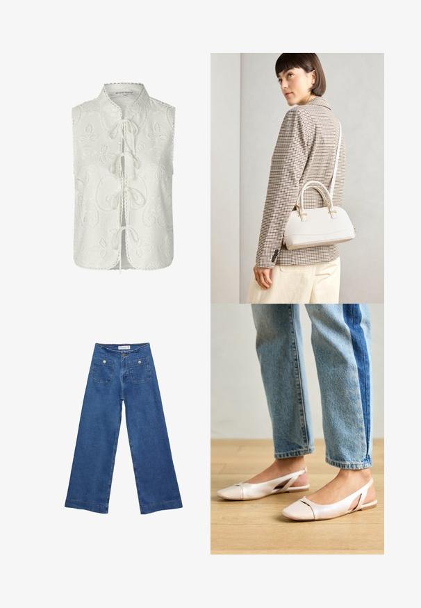Bela brezrokavna bluzica s cvetličnimi vezeninami, okroglo izrezano ovratnikom in z vezalkami na sprednjem delu. Rob z valovitim obrobjem in podrobni šivi.; Jeans širokih nogavic iz denima z medenim modrim pranjem, dvema sprednjima žepoma z gumbnimi zaprtji in šivanjem ob robovih.; Svijetloružičaste slingback balerinke s šiljastim nožnim prstima, napravljene od glatkog materijala nalik koži. Imaju izrezane detalje sa strane i ravne pete.; Bela strukturirana torba z kratkimi ročaji in naramnim trakom, z zlatimi okrasnimi elementi in teksturiranim materialom, prikazana na sivi podlagi.