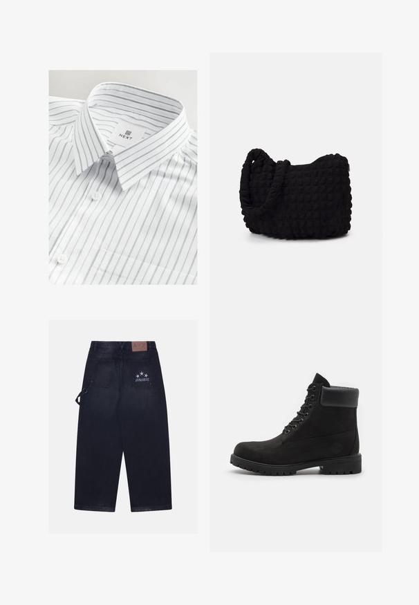 White dress shirt with thin gray vertical stripes, button-down collar, single chest pocket, and branded tag stitched inside collar.; Dark denim trousers with a loose fit. Features two back pockets, a leather patch with logo, and five-star design on one pocket.; Black lace-up ankle boot with padded collar and rugged sole, shown in profile against a white background.; Black fabric bag with a textured, quilted pattern. Rounded shape, short, thick handles, and a soft, flexible structure.