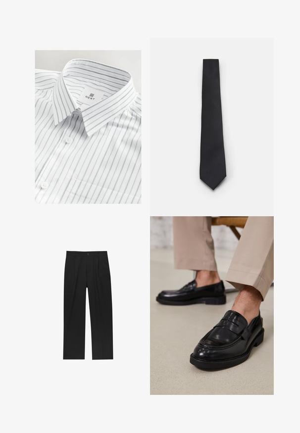 Witte overhem met fijne grijzige verticale strepen, button-down kraag, één borstzak en een gemerkte label gestikt aan de binnenkant van de kraag.; Zwarte broeken met een recht model, gemaakt van een gladde stof. Voorzien van een voorplooien en een enkele knoopsluiting bij de taille.; Zwarte leren loafers met een gladde afwerking, voorzien van een decoratieve band en contrasterende stiksels, gecombineerd met beige broeken.; Smalle zwarte stropdas met een gestructureerd, diagonaal ribbelpatroon. Beschikt over een spitse punt en een gladde afwerking. Geschikt voor formele kleding.
