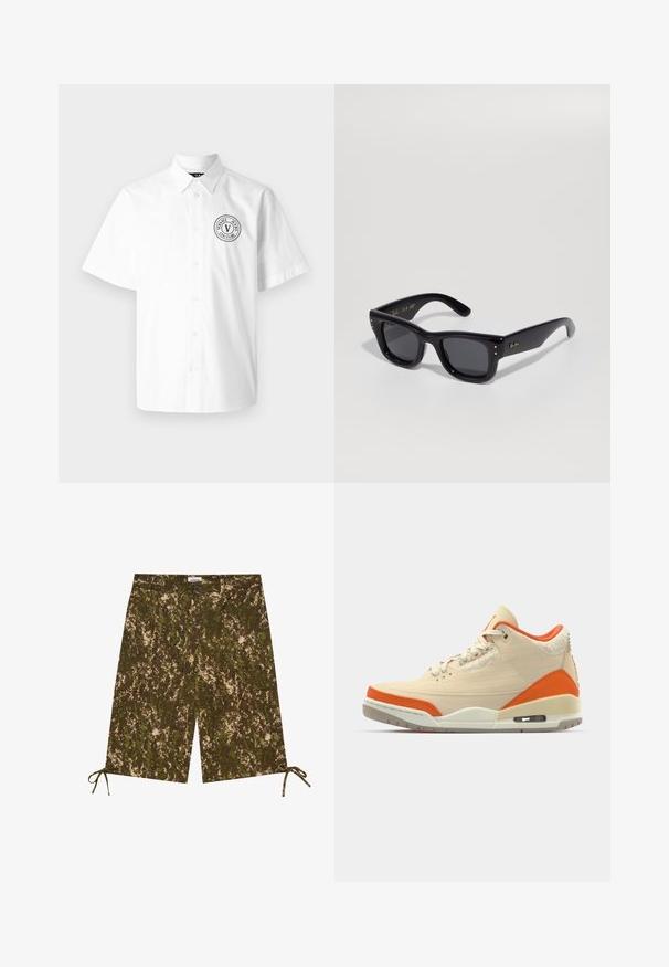 Camicetta bianca a maniche corte in cotone, con colletto button-down e un logo circolare nero sull'area sinistra del petto.; Pantaloni corti con motivo camouflage in tonalità di verde e marrone, realizzati in un materiale leggero, dotati di tasche laterali e lacci regolabili all'orlo.; Sneaker beige con accenti arancioni, tomaia in tela, dettagli testurizzati sul tallone e un'unità d'aria visibile nella suola.; Occhiali da sole neri con finitura lucida, montatura rettangolare, lenti scure e accenti del logo dorati sulle tempie. Due punti dorati su ciascun angolo anteriore.; Borsa a tracolla nera in nylon con patta frontale, tracolla regolabile e fibbia in plastica. Presenta un marchio testurizzato sulla tracolla e sul corpo.