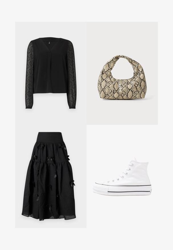 Svart bluse med V-hals og kort frontfold. Lange gjennomsiktige ermer har subtil perledetaljering. Glatt stoff med en avslappet passform.; Sister Jane BIRDIE BOW MIDI SKIRT - A-line skjørt - black; Hvit høy-skinn kanvas sneakers med svart gummisåle, gummitåhette foran og seks hull for snorer, med et rent, minimalistisk design.; Veske med slangeskinnmønster og krummet håndtak. Laget av teksturerte, beige og brune materialer, med et særegent diamantmønster.