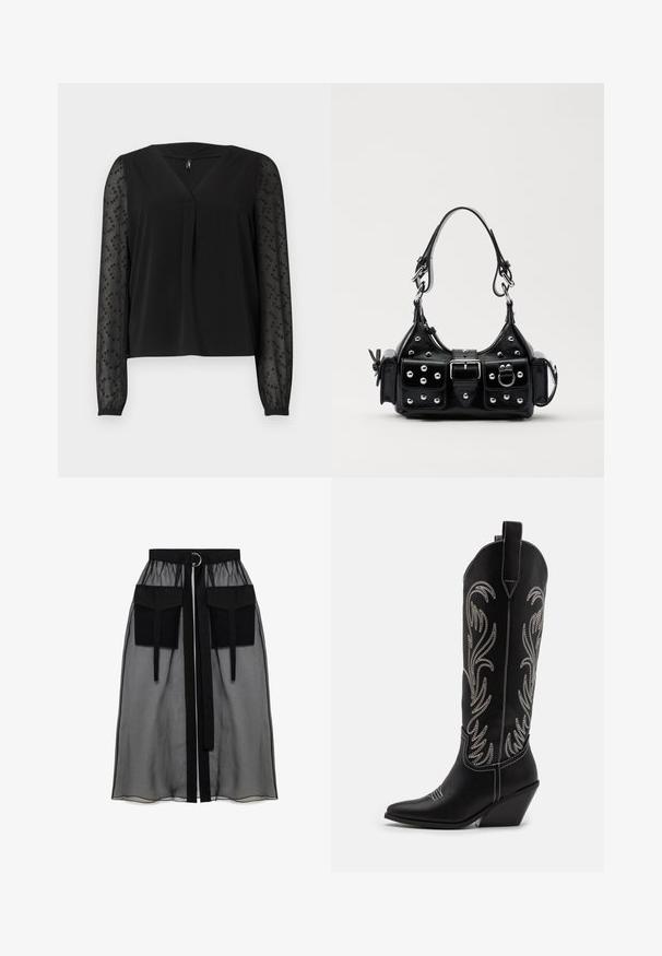Čierna blúzka s výstrihom do V a krátkym plisovaním vpredu. Dlhé priesvitné rukávy s jemnými korálikmi. Hladká tkanina s uvoľneným strihom.; Čierna priesvitná sukňa s naťahovacím pásom, ktorá má dve veľké predné vrecká, opasok na viazanie a kruhový kovový akcent.; Čierne kožené kovbojské čižmy s špicatými prstami, klinovými podpätkami a striebornými vyšívanými kvetinovými vzormi po celej dĺžke. Kontrastné šitie po celom povrchu.; Čierna kožená kabelka s zakriveným dizajnom, doplnená striebornými cvočkami, prackou a dvoma bočnými vreckami. Nastaviteľný popruh poskytuje rôzne možnosti nosenia.