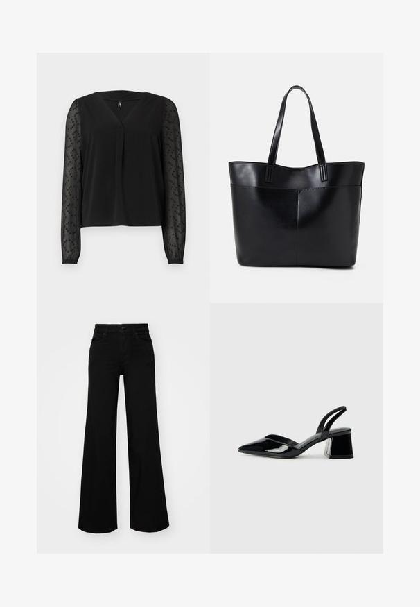 Čierna blúzka s výstrihom do V a krátkym plisovaním vpredu. Dlhé priesvitné rukávy s jemnými korálikmi. Hladká tkanina s uvoľneným strihom.; Čierne široké nohavice z denimu s pevným pásom, pútkami na opasok a prednými vreckami. Hladká štruktúra s klasickým dizajnom.; Čierne lakované kožené sandálové podpätky s špicatou špičkou a geometrickým blokovým podpätkom. Disponujú elegantným, minimalistickým dizajnom a hladkým povrchom.; Čierna kožená tote taška s dvoma dlhými rúčkami, hladkým povrchom a štruktúrovaným tvarom. Obsahuje prednú kapsu pre dodatočné uskladnenie.