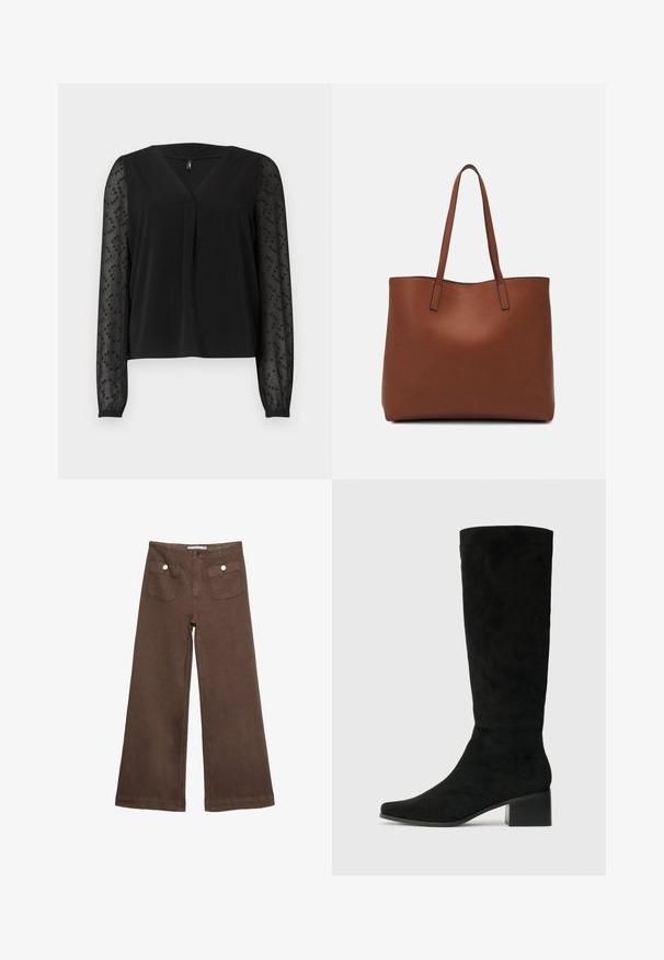Schwarze Bluse mit V-Ausschnitt und kurzem Vorderfalten. Lange, durchsichtige Ärmel mit subtiler Perlenverzierung. Glatter Stoff mit lockerer Passform.; Braune weit geschnittene Hosen aus Baumwolle, mit zwei Fronttaschen mit silbernen Knöpfen und einer glatten Textur.; Knöchelhohe schwarze Wildlederstiefel mit einer spitzen Zehenpartie und einem klobigen rechteckigen Absatz, die eine glatte Textur und ein minimalistisches Design aufweisen.; Braune Leder-Tote mit glatter Textur, offenem Oberteil und zwei Schulterriemen. Verfügt über minimale Nähte und keine sichtbaren Beschläge.
