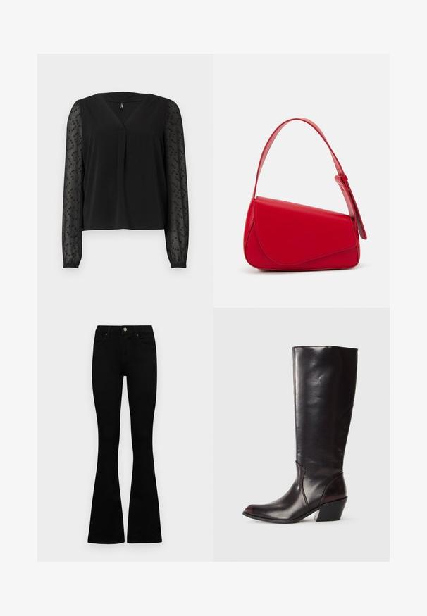 Blusa preta com decote em V e pregas frontais curtas. Mangas longas transparentes com detalhes sutis em pérolas. Tecido do corpo suave com um corte descontraído.; Jeans pretos de cintura alta com fecho de botão e zíper, bolsos frontais e pernas largas dispostos em cima de um fundo branco.; Bota de couro castanha escura até ao joelho, com bico apontado, salto bloco angular e textura suave e brilhante. Apresenta um design limpo e detalhes de costura.; Bolsa de mão em couro vermelho com um design angular e geométrico. Apresenta uma única alça ajustável e um fecho com aba, com detalhes cosidos.