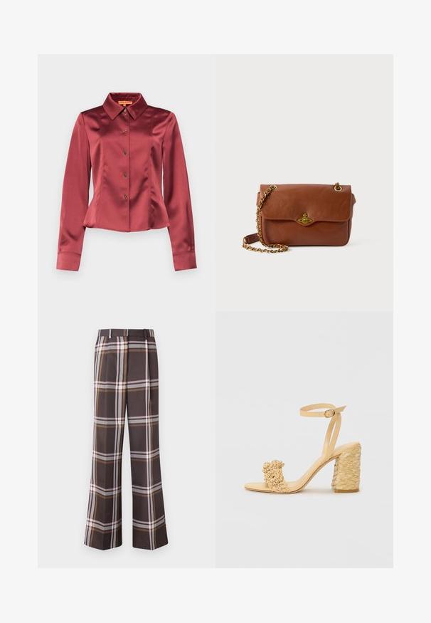 Stine Goya Palaidinė - raspberry; Stine Goya FRONT PLEAT LONG STRAIGHT PANTS CASUAL TAILORING - Kelnės - dark brown; Bežiniai aukšti kulniukai su pintu tekstūra, puošiami dekoratyvine gėle ir kulkšnies dirželiu. Kvadratinis kulnas suteikia stabilumo.; Ruda odinė per petį nešama kuprinė su užsegimu ant sklendės, auksinės spalvos aksesuarais ir grandinėlės dirželiu. Lygus paviršius, stačiakampio forma, minimalus apipavidalinimas.