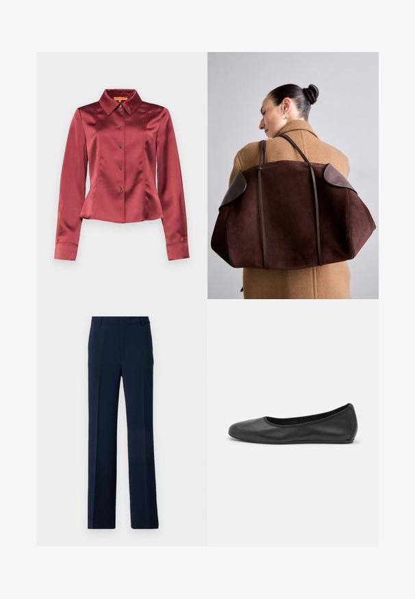 Stine Goya Bluse - raspberry; Marineblaue Hose aus glattem Stoff, mit einem geraden Bein-Design, Vorderfalten und Seitentaschen für einen maßgeschneiderten Look.; Schwarze Leder-Ballettschuhe mit abgerundeter Spitze, glatter Textur, minimalen Nähdetails und einem flexiblen Sohlen-Design.; Braune Wildleder-Handtasche mit dunklen Lederrändern, die eine strukturierte Form und doppelte Träger aufweist, über der Schulter gegen einen beigen Mantel gehalten.