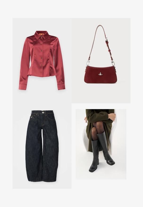 Stine Goya Bluse - raspberry; Mørkblå vid bukser laget av denim, med knappeåpning, frontlommer, og kontrastfarget oransje søm langs sømmene.; Knæhøye sorte lærstøvler med firkantet tå og blokkhelt, vist med en modell som sitter iført en olivengrønn kåpe. Glatt tekstur, minimal detaljering.; Rød semsket skulderveske med buet form. Har sølvfargede akenter og justerbar stropp med detaljer i metall. Glatt tekstur.