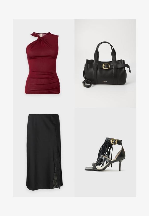 Burgundy sleeveless top with a twisted neckline, made of smooth, stretchy fabric. Features gathered detailing along the sides for texture.; Black satin skirt with a smooth texture, featuring a lace accent on one side and a straight hem. Elastic waist for flexible fit.; Black high-heeled sandal with fringed detail, ankle strap featuring gold hardware, flat square toe, and two crossing straps across the vamp.; Black leather handbag featuring a structured design, dual top handles, gold-tone buckle accent, and embossed brand logo at the front.
