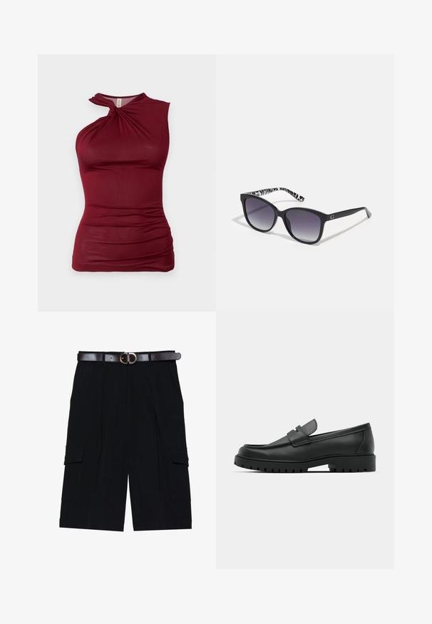 Burgundy sleeveless top with a twisted neckline, made of smooth, stretchy fabric. Features gathered detailing along the sides for texture.; Black cargo shorts made from lightweight fabric, featuring a straight cut, side pockets, and a brown leather belt with a silver buckle.; Black leather loafers with a rounded toe, featuring a stitched design, low platform sole, and a textured, lugged rubber outsole.; Black sunglasses with gradient lenses, square shape, and a textured black-and-white patterned temple. Features a silver logo accent.; Silver hoop earrings with a smooth, shiny finish. Rounded shape, lightweight design, featuring a post-back closure.