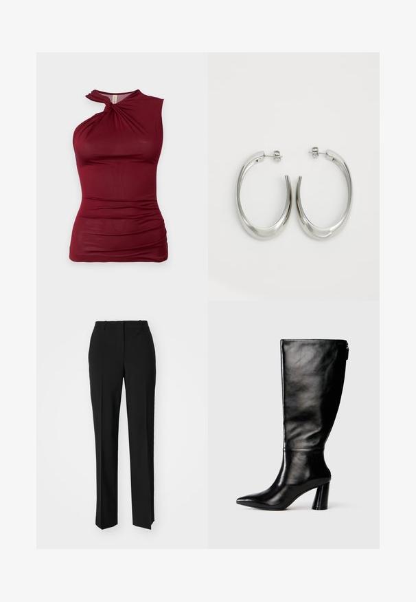 Burgunderfarbendes, ärmelloses Oberteil mit einem verdrehten Ausschnitt, aus glattem, dehnbarem Stoff. Verfügt über geraffte Details an den Seiten für zusätzliche Struktur.; Schwarze, taillierte Hose mit geradem Bein, aus einem glatten Stoff und mit klaren Falten an der Vorderseite. Keine sichtbare Hardware.; Knöchelhohe schwarze Lederstiefel mit einer spitzen Zehe, glatter Oberfläche und einem klobigen Absatz. Verfügt über einen Reißverschluss hinten.; Silberne Creolen mit einem glatten, geschwungenen Design. Mit einem glänzenden metallischen Finish und Steckverschluss. Keine sichtbaren Muster oder Akzente.