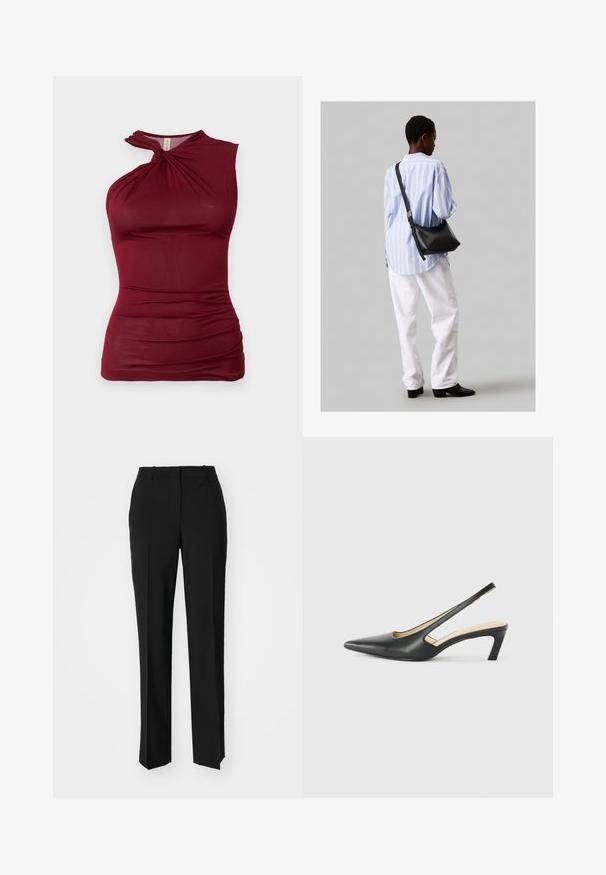 Burgundijas bez piedurknēm topi ar savītu kakla izgriezumu, izgatavots no gludas, elastīgas auduma. Iezīmētas kantainas detaļas gar sāniem, lai piešķirtu tekstūru.; Melnas pielāgotas bikses ar taisnu kāju dizainu, kas raksturojas ar gludu faktūru un asiem krokām pa priekšu. Nav redzamu metāla detaļu.; Melna, ar smailu purngalu, slingback kurpe ar zemu papēdi, izgatavota no gludas ādas materiāla un ar izgriezumiem sānos gaisa caurlaidībai.; Melna ādas plecu soma ar mīkstu tekstūru, trīsstūra formu un regulējamu siksnu, apvienota ar gaiši zilu svītrotu krekli un baltām biksēm.