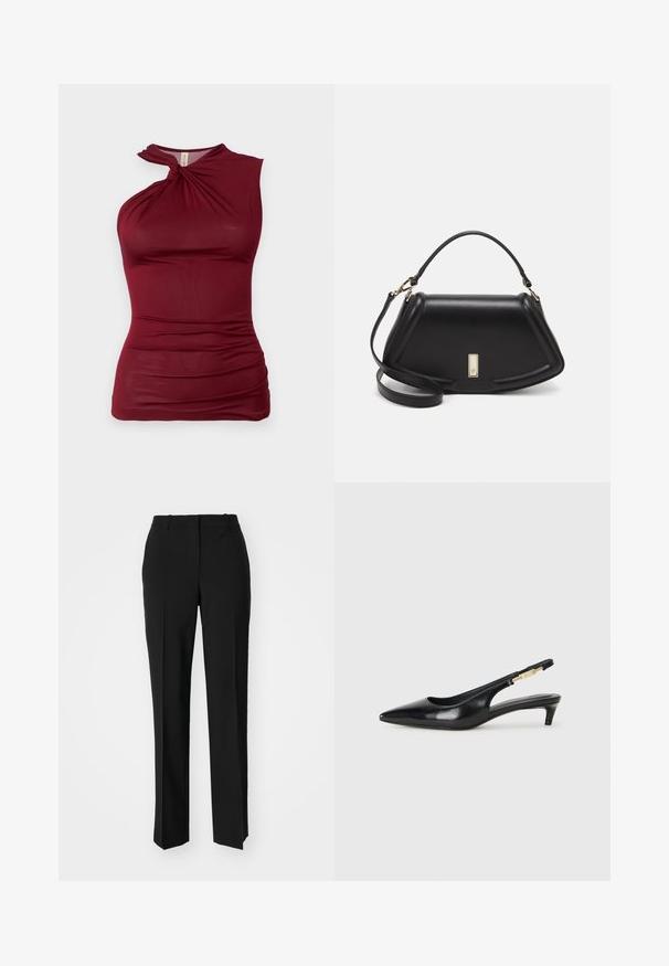 Bordo beletas bešvarkis su sukta apykakle, pagamintas iš sklandžios, tamprios medžiagos. Šoninėse dalyse yra suvarstytos detalės, suteikiančios tekstūros.; Juodi pritaikyti kelnių modeliai su tiesiomis kojomis, pasižyminčios lygiomis tekstūromis ir ryškiomis klostėmis priekyje. Nėra matomų detalių.; Juodas odinis pavasario batelių modelis su smailiu nosiu, turintis siaurą kulniuką ir auksinės spalvos akcentu reguliuojamoje juostoje. Lygi tekstūra.; Juoda odinė rankinė su struktūrizuotu dizainu, turi trumpą formą, viršutinę rankeną ir auksinius akcentus. Pridėtas reguliuojamas peties diržas.