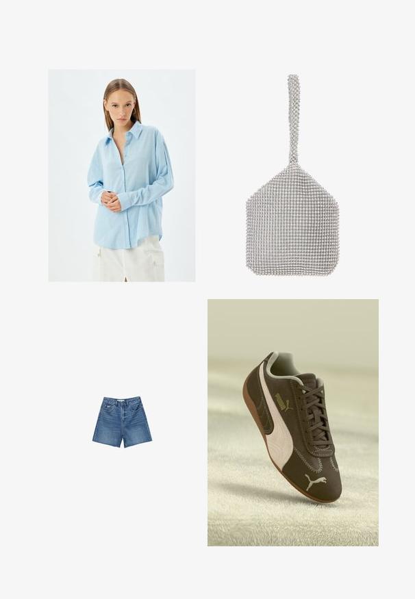 Lichtblauw geplooid overhemd van zacht textiel, met lange mouwen en een ontspannen pasvorm, aangevuld met lichtblauwe knopen.; Denim shorts in een gemiddelde blauwe-was, met een klassieke vijf-pocketontwerp, riemlussen en een rits met knoopsluiting.; Bruine Puma sneaker met een beige streep en logo, met veters, rustend op een gestructureerde beige ondergrond.; Zilveren mesh handtas met een gestructureerde vorm, bedekt met kleine, reflecterende rhinestones. Voorzien van een lange, versierde hengsel.