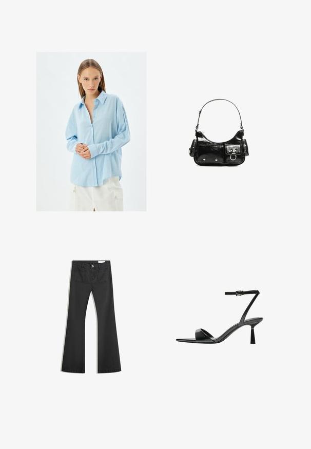 Lys blå skjorte med knaplukning i blødt tekstureret stof, med lange ærmer og en afslappet pasform, suppleret med lys blå knapper.; Sorte flared jeans lavet af denim med en glat tekstur, som har to baglommer og en knaplukning i taljen.; Bershka Højhælede sandaletter / Højhælede sandaler - black; Sort patenteret læder håndtaske med en buet form, en skulderrem, frontlommer og hardware accenter i sølvfarve.