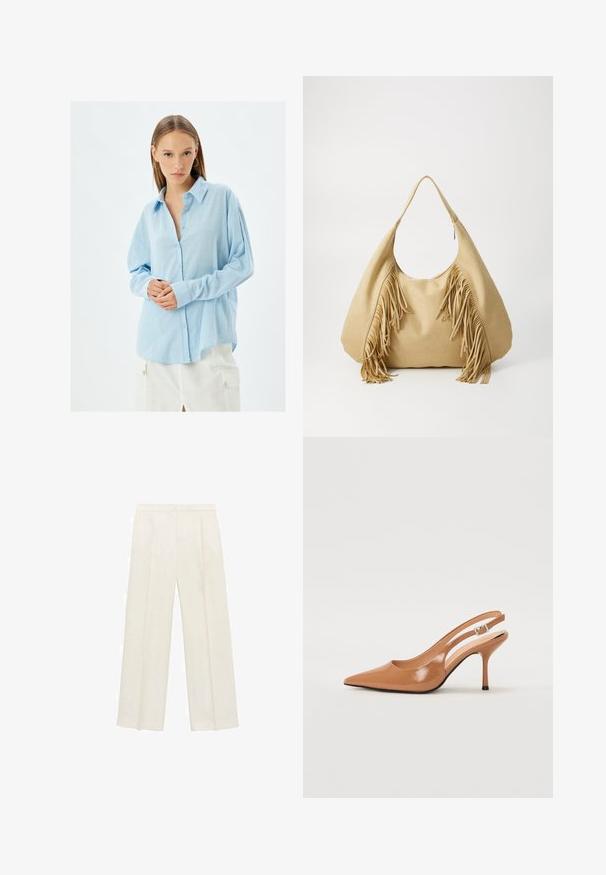 Light blue button-up shirt in soft textured fabric, featuring long sleeves and a relaxed fit, complemented by light blue buttons.; Wide-legged trousers in a light cream color. Made from a smooth fabric with pleats at the front and side pockets.; Pointed toe slingback heel in a smooth, glossy tan material. Features a curved cutout design and a slender stiletto heel. Silver buckle detail.; Tan suede shoulder bag with a large opening and long fringe accents on both sides, featuring a smooth texture and a single handle.