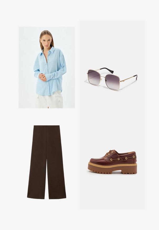 Camicia button-up azzurro chiaro in tessuto morbido e strutturato, con maniche lunghe e vestibilità rilassata, completata da bottoni azzurro chiaro.; Pantaloni a gamba larga realizzati in un tessuto marrone scuro e liscio. Presentano una vita alta e un design minimalista senza decorazioni.; Scarpa da barca in pelle marrone con suola in gomma marrone robusta, occhielli dorati e cuciture a contrasto. Presenta un logo sul lato.; Gucci Occhiali da sole - gold-coloured/grey; Orecchini a cerchio in oro con un design a doppio strato. Superficie liscia e lucida con un meccanismo di chiusura senza soluzione di continuità. Forma rotonda con un aspetto moderno.