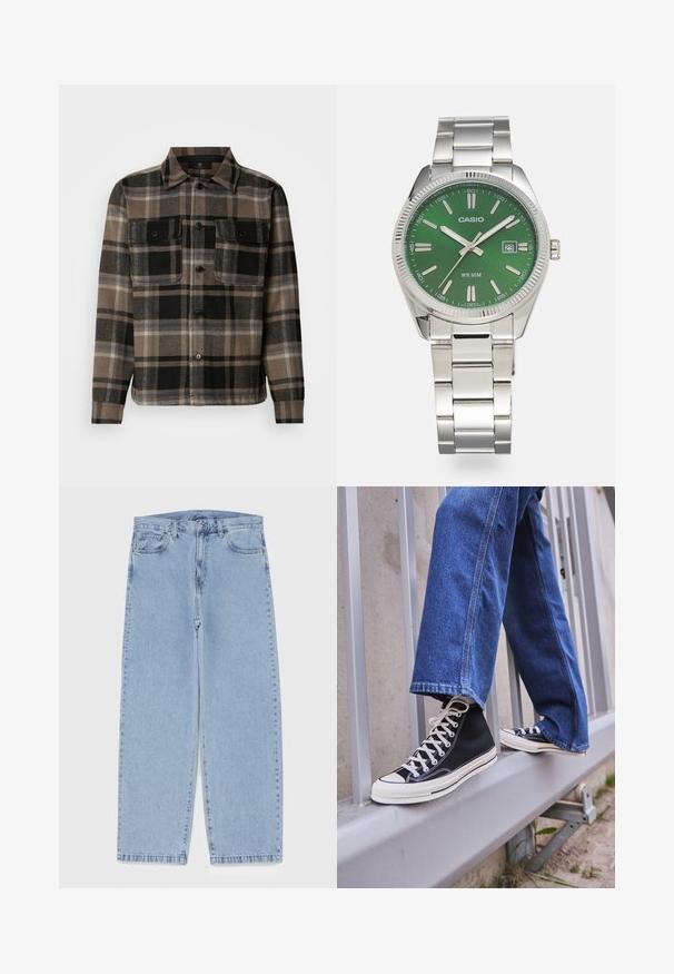Brown and black plaid shirt made of soft fabric, featuring a button-up front, two chest pockets, and a classic collar design.; White cotton tank top with a round neckline, wide shoulder straps, and a straight hem, featuring a smooth texture and no visible patterns.; Light blue denim jeans with straight leg design, featuring a mid-rise waist, five pockets, and a button and zipper closure.; Black high-top sneakers with white sole and laces, paired with loose blue denim jeans, resting on a gray railing.; Silver stainless steel watch with a round green dial, silver hour markers, date display, and a metal link bracelet. Water-resistant to 50 meters.