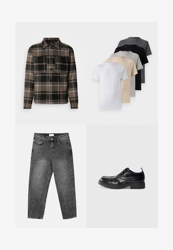 Brown and black plaid shirt made of soft fabric, featuring a button-up front, two chest pockets, and a classic collar design.; Set of five short-sleeve t-shirts in white, beige, light gray, dark gray, and black. Made of smooth cotton, featuring crew neck design.; Black washed straight-leg jeans with front and back pockets, belt loops, and a button closure at the waist.; Black leather dress shoe with rounded toe, lace-up front, and a decorative seam. Features a thick, textured rubber sole and a heel tab.