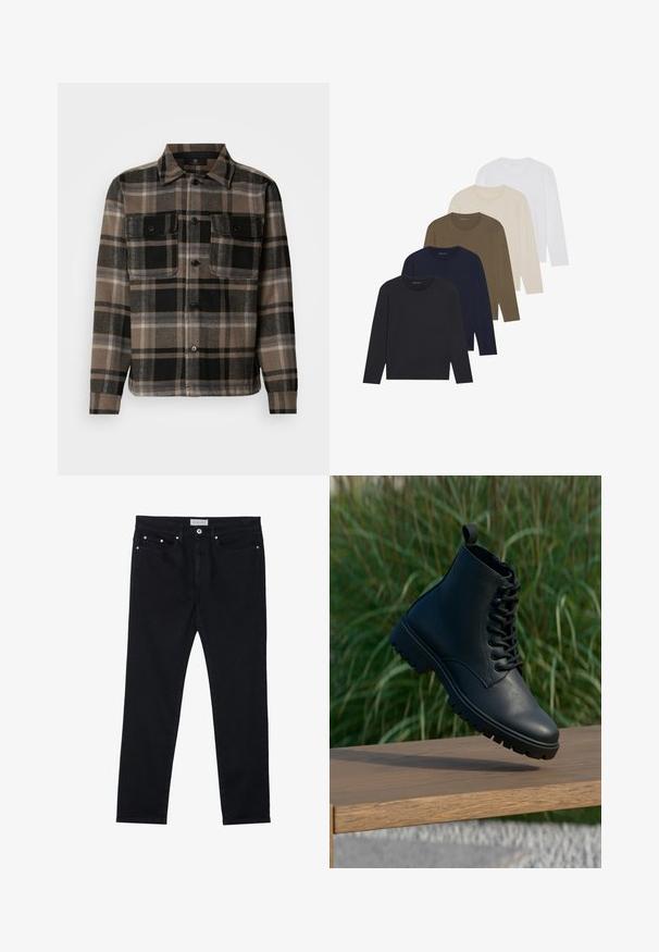 Camicia a scacchi marrone e nera realizzata in tessuto morbido, dotata di chiusura con bottoni, due tasche sul petto e un classico design del colletto.; Cinque camicie a maniche lunghe in una gradazione di colori: blu scuro, blu, verde oliva, beige e bianco. Ognuna ha un collo rotondo e una texture liscia.; Jeans in denim nero con un design a gamba dritta, cinque tasche, rivetti in metallo e chiusura con bottone. Texture morbida con leggero elastico.; Stivale alla caviglia nero realizzato in pelle liscia. Presenta un design con lacci, punta tonda e suola robusta con battistrada prominente. Piccolo foro di tiraggio sul tallone.
