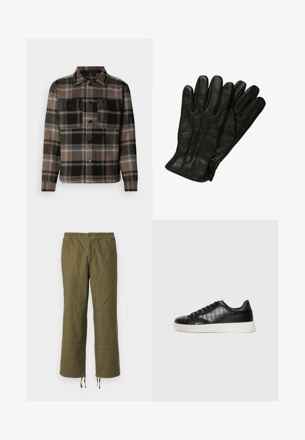 Brown and black plaid shirt made of soft fabric, featuring a button-up front, two chest pockets, and a classic collar design.; Olive green, wide-leg pants made of cotton with an elastic waistband, a button closure, and contrasting patch details on the knees.; Black sneakers featuring a textured croc-embossed leather upper, rounded toe, and a contrasting white rubber sole with a smooth finish.; Black leather gloves with a smooth texture, five fingers, and subtle stitching details. Classic design, suitable for cold weather use.