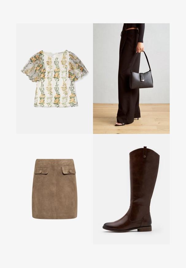 Ida Sjöstedt MAGDA EMBROIDERY - Majica kratkih rukava s printom - multi-coloured; Smeđa nubuk mini suknja s glatkom teksturom, koja ima dva prednja džepa s preklopom i dugmad za zatvaranje s obje strane. Jednostavan, ravni dizajn.; Smeđe čizme do koljena od glatke kože, sa zaobljenim vrhom, niskom slojevitom potpeticom i suptilnim uzorkom šavova duž strana.; Crna torba s oblikom koji sadrži strukturu, glađu teksturu i metalnu kopču. Uparena s širokim crnim hlačama i sandalama na otvorenom s drvenog poda.