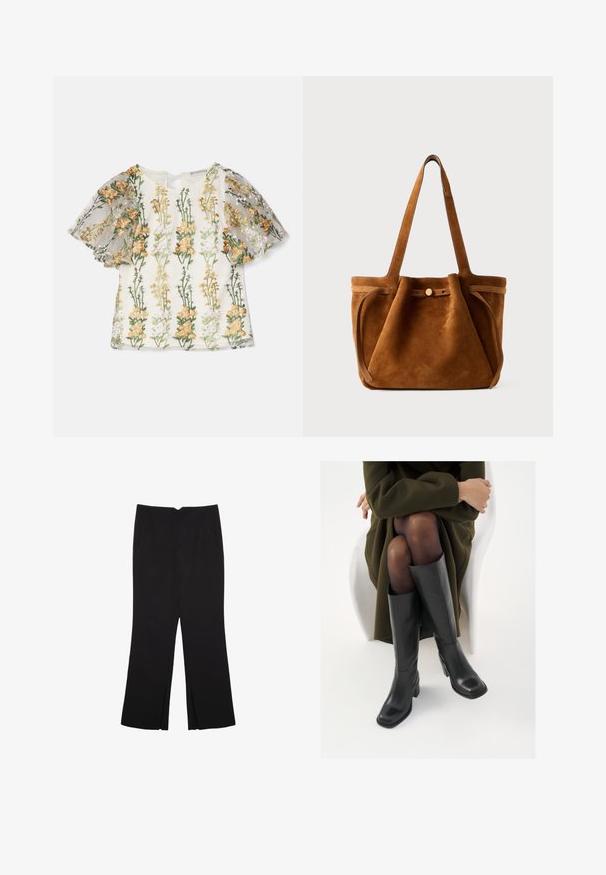 Ida Sjöstedt MAGDA EMBROIDERY - Print T-shirt - multi-coloured; Black trousers with a straight fit, featuring front pockets and side slits at the hem. Made of soft, smooth fabric. Suitable for various occasions.; Knee-high black leather boots with a squared toe and block heel, shown with a model seated in an olive green coat. Smooth texture, minimal detailing.; Brown suede tote bag with dual handles, a button closure strap, and a relaxed, slightly slouchy shape.