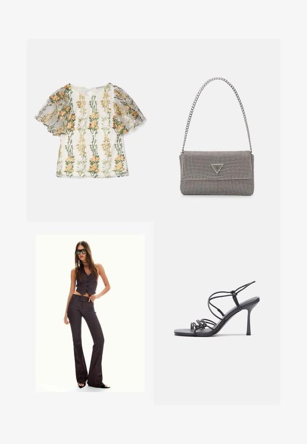 Ida Sjöstedt MAGDA wielokolorowy; Brązowa kamizelka w prążki, krótka, z rozszerzanymi spodniami, z guzikami i teksturowanym materiałem. Czarne buty na otwartym nosku i oversize'owe okulary przeciwsłoneczne.; Czarne sandały na wysokim obcasie mają cienkie paski z węzłowym wzorem, gładki, kwadratowy czubek i smukły obcas w stylu szpilki.; Jasnoszara metaliczna torebka na łańcuszku, ozdobiona małymi okrągłymi metalowymi ćwiekami oraz trójkątnym logo marki.; Srebrne kolczyki na biglu o gładkim, błyszczącym wykończeniu. O zaokrąglonym kształcie, lekkim designie, z zamknięciem na zatrzask.