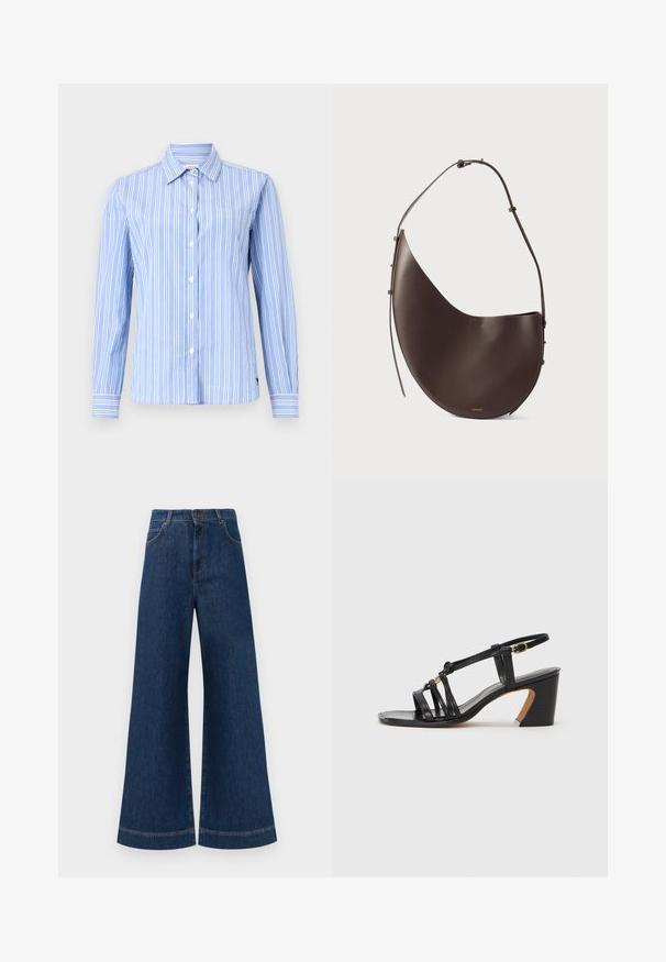 Mėlynos ir baltos dryžuotos ilgomis rankovėmis marškiniai su mygtukų apykakle, priekinė kišenė ir lygi audinio tekstūra. Sukurtas su klasikiniais mygtukų uždarymais.; Plati mėlynos džinsinės kelnės su aukštu liemeniu, turinčios mygtukų užsegimą, diržo kilpas ir subtilius siuvinėjimo akcentus ant kišenių bei apdailos.; Paul Smith AMIRA - Klasikiniai aukštakulniai - black; Ruda odinė rankinė, turinti kreivą formą, vieną diržą ir minimalistinį dizainą. Sukurta su subtiliu logotipu ir auksiniais detalėmis.