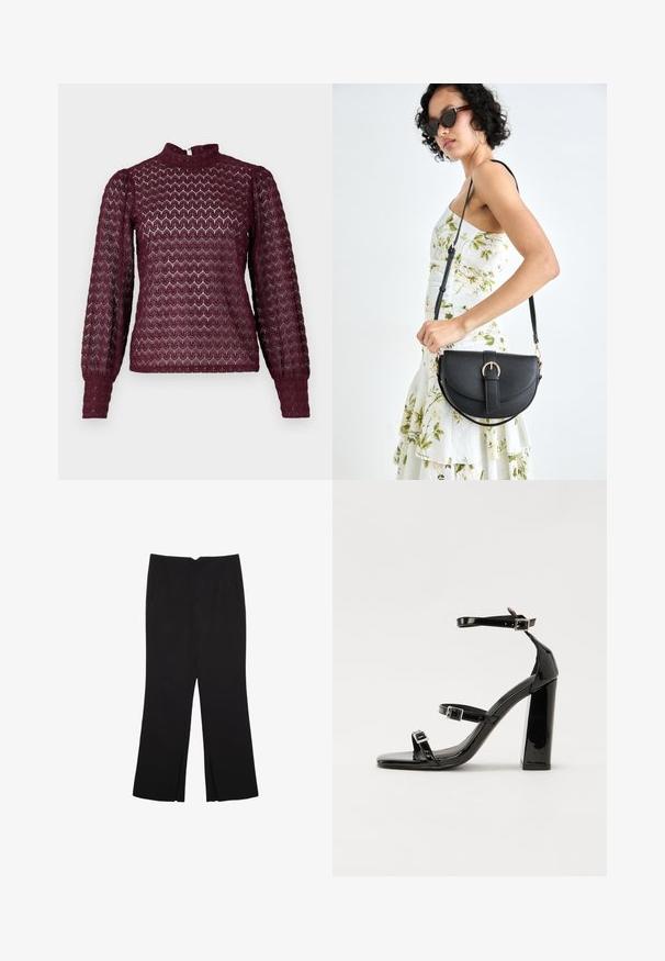 Burgunderfarbenes Langarm-Oberteil mit hohem Kragen, strukturiertem Muster und gerafften Ärmeln. Hergestellt aus einem leichten, halbdurchsichtigen Stoff.; Schwarze Hose mit geradem Schnitt, ausgestattet mit Fronttaschen und Seitenschlitzen am Saum. Hergestellt aus weichem, glattem Stoff. Geeignet für verschiedene Anlässe.; Schwarze Lackleder-Sandalen mit hohen Absätzen, zwei Riemen mit Schnallen, quadratischer Zehenpartie und klobigem Blockabsatz, mit einer glatten, glänzenden Textur.; Schwarze Lederhandtasche mit geschwungener Form, abnehmbarem Tragegurt und goldenen Beschlägen. Die Tasche verfügt über einen Deckel mit einer Schnallen-Details.