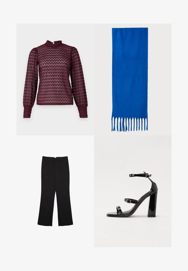 Burgunderfarbenes Langarm-Oberteil mit hohem Kragen, strukturiertem Muster und gerafften Ärmeln. Hergestellt aus einem leichten, halbdurchsichtigen Stoff.; Schwarze Hose mit geradem Schnitt, ausgestattet mit Fronttaschen und Seitenschlitzen am Saum. Hergestellt aus weichem, glattem Stoff. Geeignet für verschiedene Anlässe.; Schwarze patentierte Sandalen mit Absatz, quadratischer Spitze, Knöchelriemen und silbernen Schnallen. Mit einem stabilen Blockabsatz für mehr Stabilität.; Blauer gefranster Schal aus weichem Stoff; hat eine einfarbige Oberfläche mit strukturierter Textur und gleichmäßig geschnittenem Fransen am unteren Ende.; Schwarze Lederhandtasche mit geschwungener Form, abnehmbarem Tragegurt und goldenen Beschlägen. Die Tasche verfügt über einen Deckel mit einer Schnallen-Details.