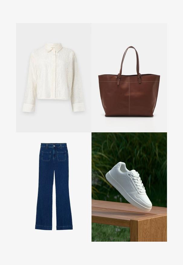 Camisa branca cropped com mangas longas, apresentando bordados florais e fecho de botão. Textura suave com um design delicado.; Jeans flare em denim azul escuro com uma textura suave, design de cinco bolsos e fecho de botão na cintura.; Sapatilha branca com um cabedal sintético liso, caixa dos dedos perfurada, atacadores planos e uma sola texturizada, exposta sobre uma superfície de madeira.; Sacola Tote de couro castanho com alças duplas, apresenta costura em contraste e um design espaçoso, adequada para o uso diário.