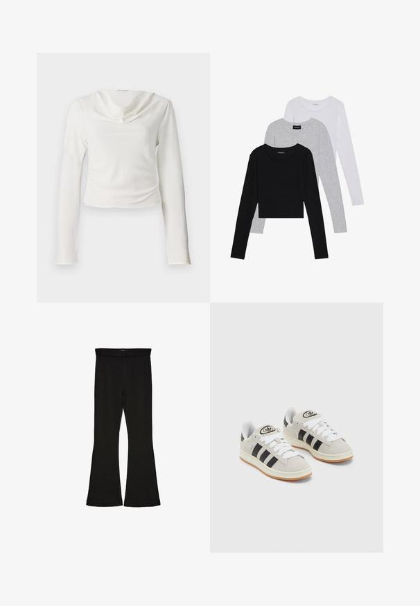 White long-sleeve top with a draped cowl neckline, featuring a textured fabric and a cropped silhouette, no visible hardware or patterns.; Three long-sleeve tops stacked: black, grey, and white. Each has a round neckline and a cropped design with smooth, lightweight fabric.; Black flare leggings made from stretchy fabric. Features a wide waistband and a smooth texture, with a fitted silhouette that flares at the hem.; Gray suede sneakers with white laces, black stripes, and a white rubber sole. Features a circular logo on the tongue and a gum sole.