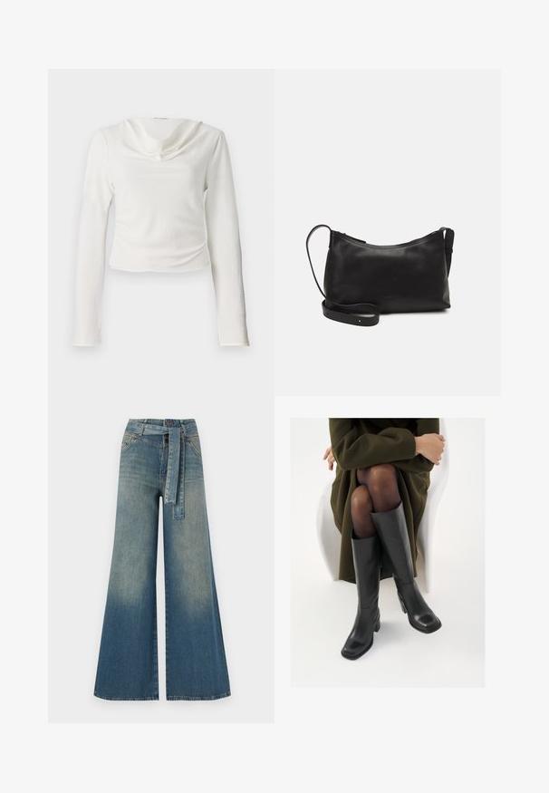 Hvit langermet topp med drapert cowl-utringning, med teksturert stoff og en cropped silhuett, uten synlig hardware eller mønstre.; Bredde ben jeans med en lyseblå til mørkeblå gradient, høyt liv, beltehemper og et matchende belte i samme stoff. Teksturert denimoverflate.; Knæhøye sorte lærstøvler med firkantet tå og blokkhelt, vist med en modell som sitter iført en olivengrønn kåpe. Glatt tekstur, minimal detaljering.; Svart skinn skulderveske med glatt tekstur, buet form, justerbar stropp og glidelås. Minimalistisk design uten dekorasjoner.