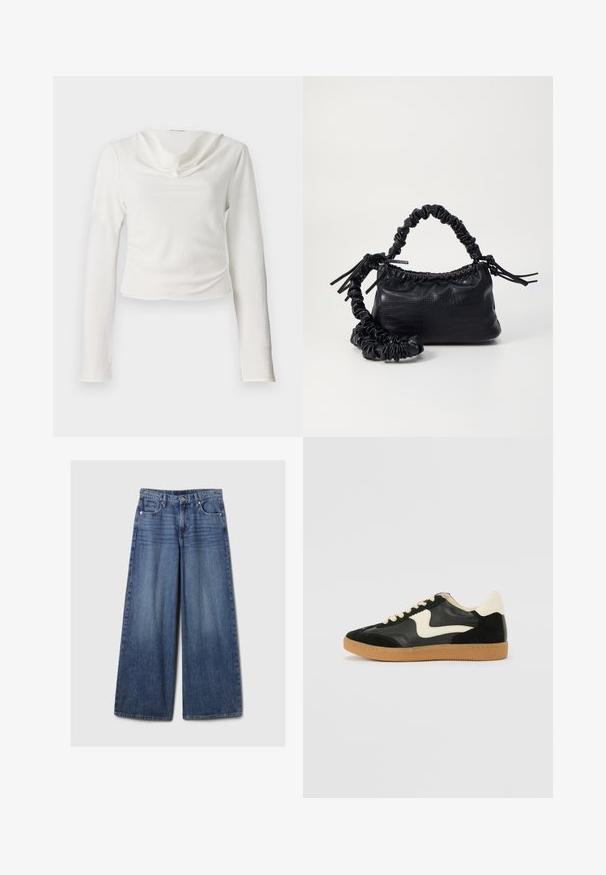 Balta ilga rankovėmis palaidinė su kabinamu apykakle, pagaminta iš tekstūrinio audinio ir turinti sutrumpintą siluetą, be matomų detalių ar raštų.; Platus mėlynos džinsinės kelnės su išblukusiu paviršiumi, su mygtukų ir užtrauktuko uždarymu, penkiomis kišenėmis ir diržo kilpomis.; Juodos zomšo ir odos sportinės bateliai su kreminiu šoniniu swoosh ir šviesiai kreminiu kulnu. Ypatybės - smėlio spalvos raišteliai ir guminis padas.; Juodas dirbtinės odos rankinė su krokodilo tekstūra, sušnibždinta viršuje ir susikraipytu dirželiu. Atrodo minkšta ir kompaktiška.