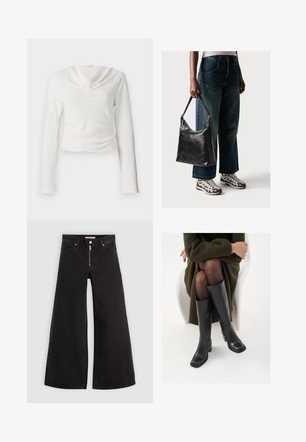 Biela blúzka s dlhými rukávmi a drapovaným výstrihom, vyrobená z textúrovanej látky a s krátkou siluetou, bez viditeľných kovových prvkov alebo vzorov.; Dlhé nohavice vo voľnom strihu z čierneho denimu so zipsom vpredu, päť vrecúškovým dizajnom a jemnými stehovými detailmi. Hladká textúra a neformálny štýl.; Čierne kožené čižmy po kolená so štvrtým prstom a blokovým opätkom, zobrazené s modelom sediacim v olivovo zelenej bunde. Hladká textúra, minimálne detaily.; Čierna kožená taška cez rameno s hladkou textúrou a nastaviteľným popruhom, skombinovaná s vyblednutými širokými džínsy a športovými teniskami.