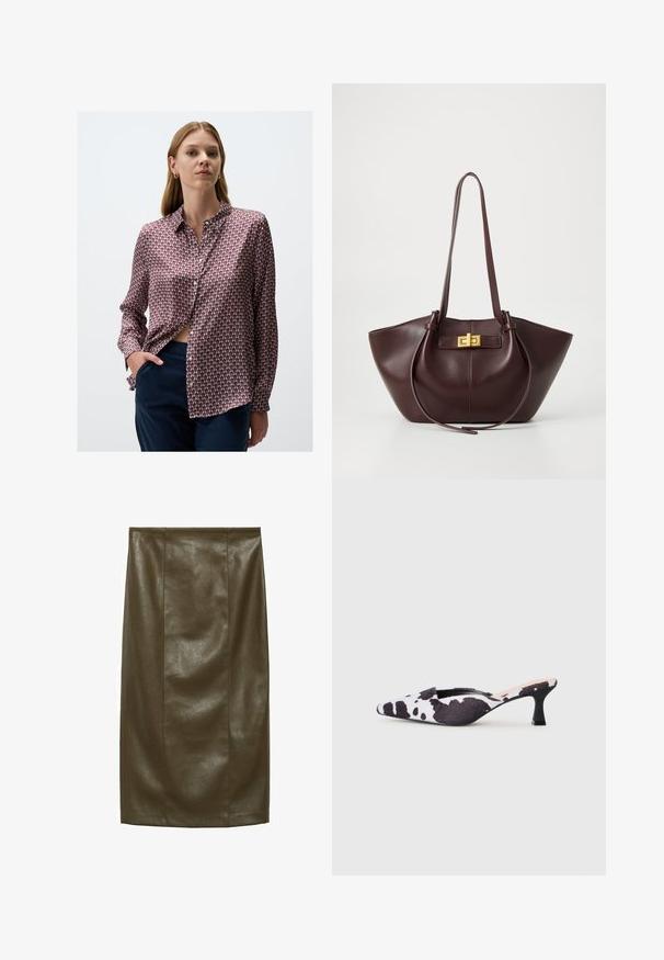 Camicia a maniche lunghe con un motivo geometrico rosso e blu, realizzata in tessuto morbido, con colletto e chiusura a bottoni, infilata in pantaloni scuri.; Gonna a matita in ecopelle verde oliva con una consistenza liscia, lunghezza al ginocchio, caratterizzata da cuciture verticali per un look sartoriale.; Décolleté slingback in design di stampa bovina bianco e nero. Parte superiore in tessuto con finitura testurizzata e tacco nero sottile.; Borsa tote in pelle bordeaux con forma strutturata, base piatta e due manici lunghi. Presenta una chiusura in metallo dorato nella parte superiore.