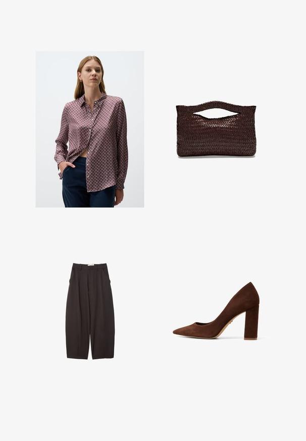 Langsleeve shirt in een rood en blauw geometrisch patroon, gemaakt van een gladde stof met een kraag en knoopsluiting aan de voorkant, ingestopt in donkere broeken.; Zwarte wijde broek gemaakt van een gladde stof, met een hoge taille, voorplooien en zijzakken. Eenvoudig ontwerp zonder versieringen.; Bruine suède hoge hakken met een spitse neus en een brede blokhak. Gladde textuur en minimalistisch ontwerp. Geen zichtbare hardware of patronen.; Geweven bruin leren handtas met een afgeronde bovenhandgreep en een open silhouet, met een gestructureerd oppervlak en een strak, minimalistisch ontwerp.