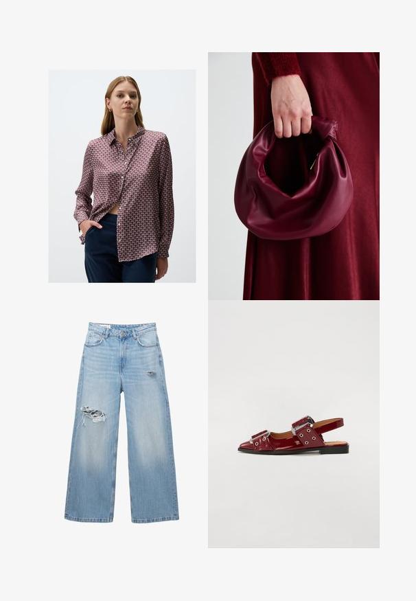 Camicia a maniche lunghe con un motivo geometrico rosso e blu, realizzata in tessuto morbido, con colletto e chiusura a bottoni, infilata in pantaloni scuri.; Jeans larghi di colore azzurro chiaro in denim, con aree abrasate sulle ginocchia e un design a cinque tasche. Orlo dritto e pulito.; Scarpe slingback in pelle verniciata bordeaux con punta appuntita, caratterizzate da due cinturini regolabili con fibbie e dettagli in metallo argentato.; Borsa in pelle bordeaux con un design morbido e arricciato e una forma arrotondata. Il manico è fissato, mostrando una texture liscia.; Orologio con cinturino a rete dorata, quadrante rotondo nero, indici minimalisti e corona argentata; presenta un logo in posizione 12.