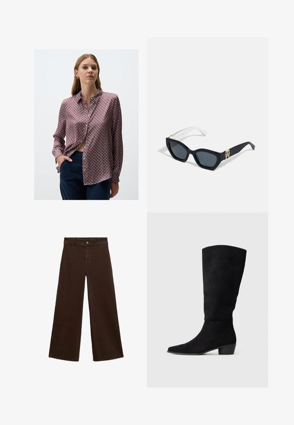 Long-sleeve shirt in a red and blue geometric pattern, made of smooth fabric with a collar and button-up front, tucked into dark pants.; Brown wide-leg trousers in cotton blend, featuring a frayed hem, front button closure, and classic five-pocket design. Minimalistic and versatile.; Black suede knee-high boot with low block heel and pointed toe, shown in side view on a plain light gray background.; Tommy Hilfiger Sunglasses - blue