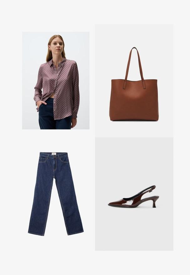 Langärmliges Hemd mit einem rot-blauen geometrischen Muster, aus glattem Stoff gefertigt, mit Kragen und Knopfleiste, in dunkle Hose gesteckt.; Dunkelblaue gerade Jeans mit Fronttaschen, Gürtelschlaufen und einem Knopfverschluss.; Braune Lackleder-Slingback-Schuhe mit spitzer Zehe und moderatem Absatz. Mit einem Schnallenriemen für einen sicheren Sitz. Glatte Textur.; Braune Leder-Tote mit glatter Textur, offenem Oberteil und zwei Schulterriemen. Verfügt über minimale Nähte und keine sichtbaren Beschläge.