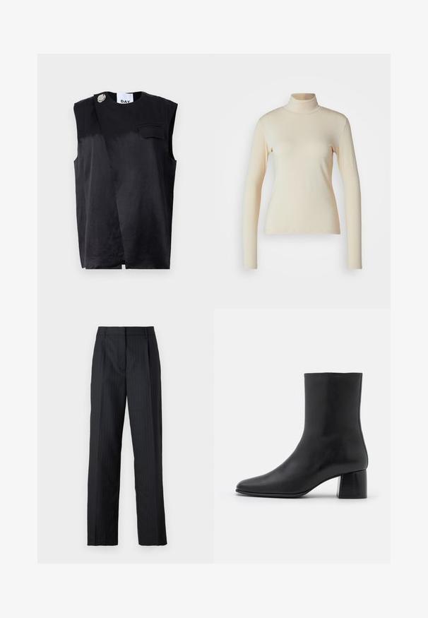 Juodas be rankovių viršus su įstrižiniu dizainu, vienu krūtinės kišeniu ir dideliu sidabro mygtuko akcentu. Pagamintas iš lygaus audinio.; Kreminės spalvos ilgomis rankovėmis esančios polo tipo palaidinės, pagamintos iš glotnaus, tamprus audinys; prigludęs dizainas su aukštu kaklu ir be matomų raštų ar akcentų.; Ruošinės juodos kelnės su smulkiomis juostelėmis, tiesaus kirpimo, su prispaustomis raukšlėmis ir tradiciniu juosmeniu. Lygi audinio tekstūra.; Juodas odinis kulkšninis botas su smailiu pirštu ir masyviu kvadratiniu kulnu. Lygus paviršius be siūlių ir minimalizmu išsiskiriantis dizainas.