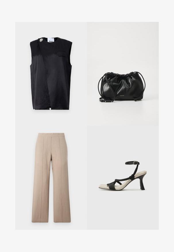 Svart ermeløs topp med diagonalt design, enkelt brystlomme, og overdimensjonert sølvknappdetalj. Laget av et glatt stoff.; Lys beige vide bukser laget av lett stoff, med frontfold, en jevn midje og rett snitt med rene sømmer.; Sorte helårs sandaler med flettet stroppesdesign, firkantet tå og justerbar ankelrem. Lys beige fotseng med glanset svart hæl.; Svart lærveske med samlet design, dobbel snoråpning og avtagbar skulderrem. Har metallisk logodetalj.