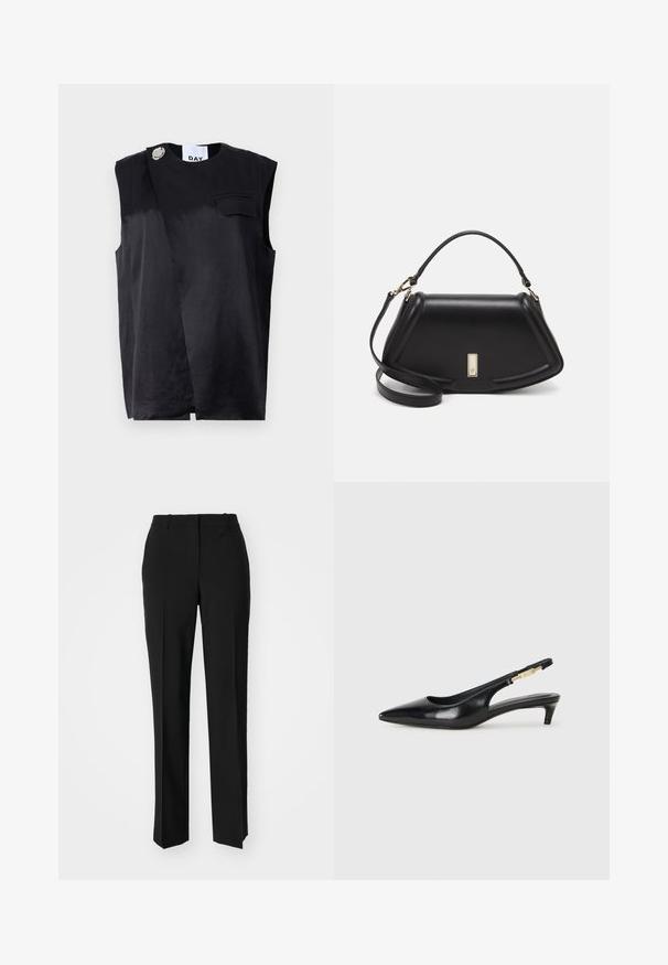 Schwarzes ärmelloses Oberteil mit diagonalem Design, einer einzelnen Brusttasche und einem übergroßen silbernen Knopfakzent. Hergestellt aus einem glatten Stoff.; Schwarze, taillierte Hose mit geradem Bein, aus einem glatten Stoff und mit klaren Falten an der Vorderseite. Keine sichtbare Hardware.; Schwarze Leder-Slingback-Pumps mit spitzem Schuhblatt, ausgestattet mit einem schlanken Absatz und einem goldfarbigen Akzent am verstellbaren Riemen. Glatte Textur.; Schwarze Lederhandtasche mit einem strukturierten Design, das eine verkürzte Form, einen oberen Griff und goldfarbene Hardware-Details aufweist. Verstellbarer Schulterriemen ist enthalten.