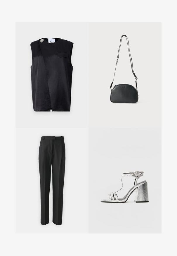 Must särgivaba tops, diagonaalse mustriga, ühe rinnatasku ja ülepaisutatud hõbedase nupuga. Valmistatud siledast kangast.; Mustad kohandatud mustad püksid kergest kangast, sirge lõikega, lamedate esiosadega ja vöökohaga. Sile tekstuur ilma nähtavate mustriteta.; Hallidega hõbedased sandaalid, millel on plokknööp, õhukeste rihmadega ja pahkluu klambriga. Materjalil on metallik viimistlus ja tekstureeritud välimus.; Must musta ristkõhu kott ümmarguse kujuga, kahe reguleeritava rihmaga ja diskreetse logoga ees. Tekstureeritud välimus, minimalistlik disain.