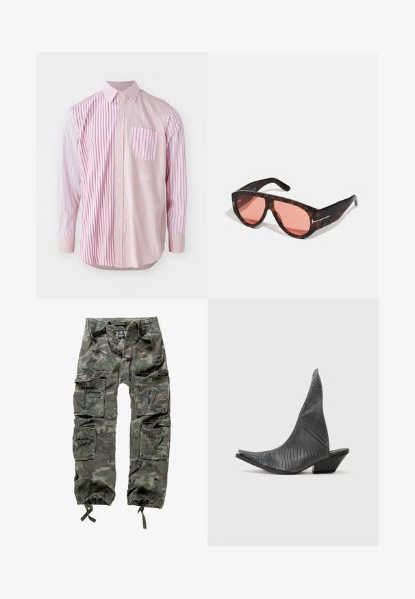 Koszula z długim rękawem, z na przemian szerokimi i wąskimi różowymi paskami, z kołnierzykiem zapinanym na guziki oraz kieszenią na lewej piersi w podobny wzór pasków.; Spodnie cargo w kamuflażu wykonane z bawełny, z licznymi kieszeniami, elastycznymi mankietami oraz luźnym krojem z paskiem ściągającym w pasie.; Czarne mules na obcasie z wydłużonym noskiem i fakturowanym wzorem przypominającym skórę węża. Oferują niski, trójkątny obcas oraz gładki, zaokrąglony fason cholewki.; Okulary przeciwsłoneczne w szkielecie w kształcie tortoise z różowymi soczewkami, charakteryzujące się odważnym, kątowym designem oraz cienkimi, srebrnymi akcentami na oprawkach.
