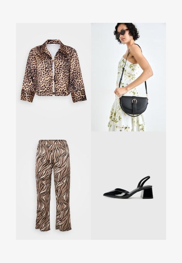 Casaco cropped em estampa de leopardo, com tecido de cetim brilhante, gola clássica, mangas longas e fechamento frontal com laço.; Calças com padrão de zebra castanho e creme, com um cós elástico, apresentando um design de perna larga e uma textura de tecido suave.; Sandy em verniz preto com salto slingback, ponta afilada e salto geométrico. Apresenta um design elegante e minimalista com textura suave.; Bolsa de couro preta com forma curva, alça destacável e detalhes em dourado. A bolsa possui uma aba com detalhe de fivela.